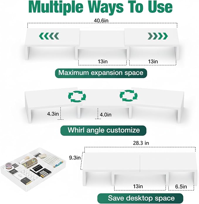 OPNICE Desk Organizer, Dual Computer Monitor Stand Riser with Drawer, Office Desk Accessories & Workspace Organizers, White - Image 2