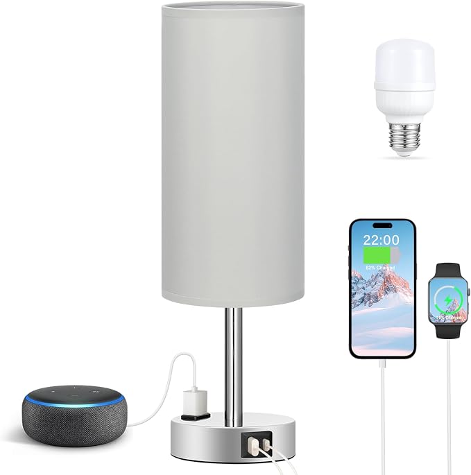 Fenmzee Light Grey Table Lamp for Nightstand - 3 Way Dimmable Touch Bedside Lamp USB C and A Charging Ports and AC Outlet, Small Desk Lamp with Silver Base for Office Nursery, LED Bulb Included - Image 6