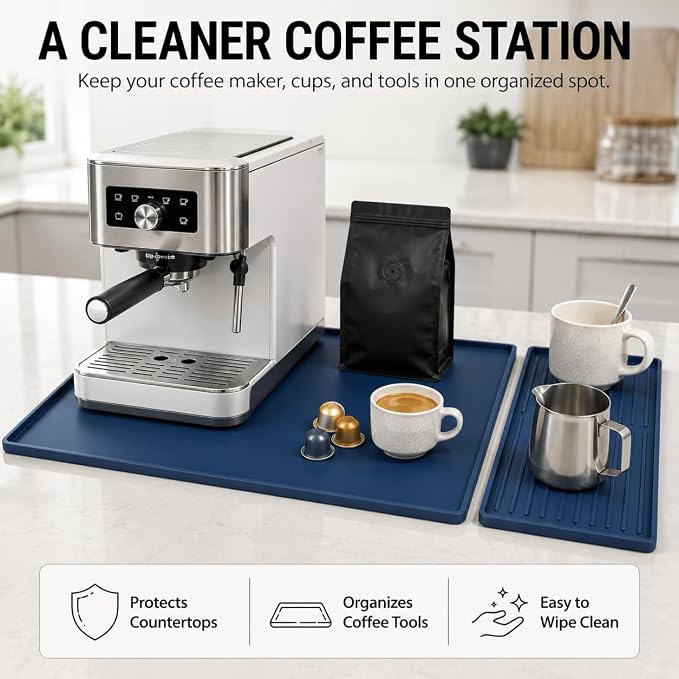 Silicone Coffee Mat 24 x 16 in with Tray, Deep Sea Blue | Coffee bar mat for countertop use, coffee station mat or coffee machine mat with removable tray and 0.47 in raised rim. - Image 2