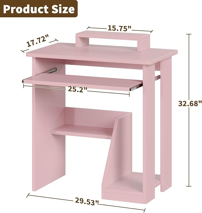 ALISENED 30 Inch Computer Desk, with Keyboard Tray & Monitor Stand | Compact Desk for Space-Saving, Ergonomic Study Desk with Storage Shelves for Writing, Gaming, Working, Pink - Image 2