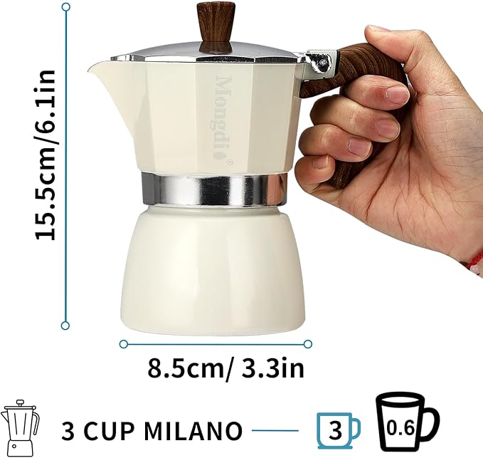 Mongdio Stovetop Espresso Maker Moka Pot, Cuban Coffee Maker Stove top coffee maker Moka Italian Espresso Greca Coffee Maker Brewer Percolator, 3 Espresso Cups, 5 oz - White - Image 4