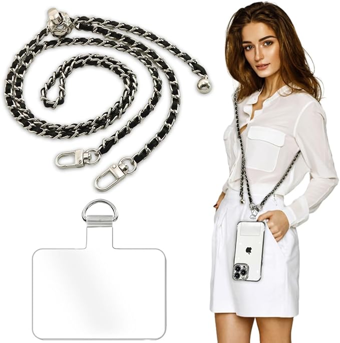 Cell Phone Lanyard Phone Crossbody Chain, Adjustable Phone Straps,Leather+Metal Shoulder Strap Cellphone Chain with Tether Patches Compatible with Most Phones Bag Purse Black by Turkalla