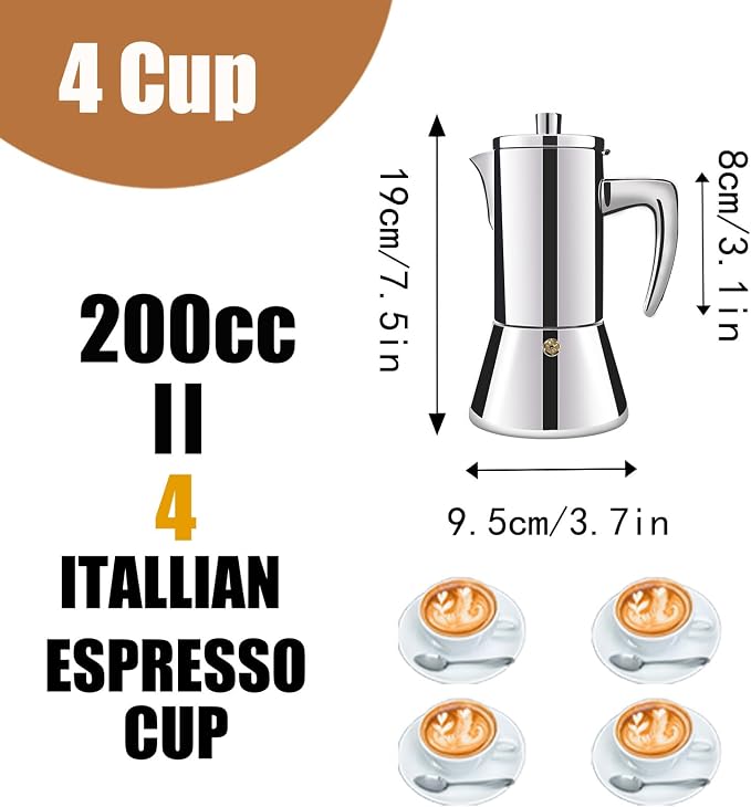 4 Cup Thickened 304 Stainless Steel Moka Pot Stovetop Espresso Maker Cafeteras Italian Percolator Espress Makers Capable Greca Mocha Coffee Machine for Induction Home and Camping 200ml 6.6oz - Image 2