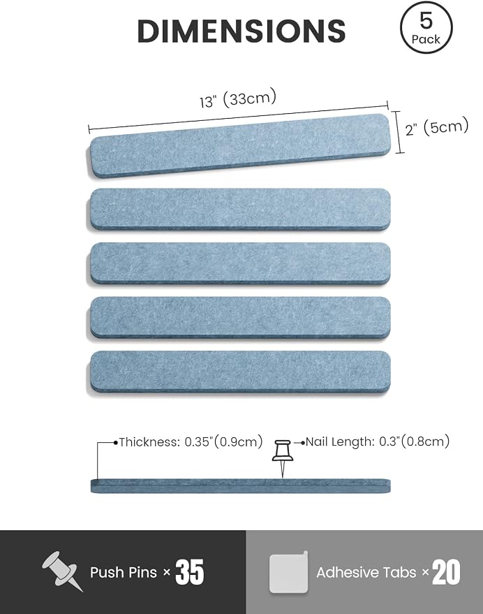 Fluxynara 13" x 2" Felt Wall Panels, Dusty Blue | 5-Pack Cork Board Alternative with 35 Push Pins, Adhesive Mounting for Bedroom Door or Home Office - Image 2