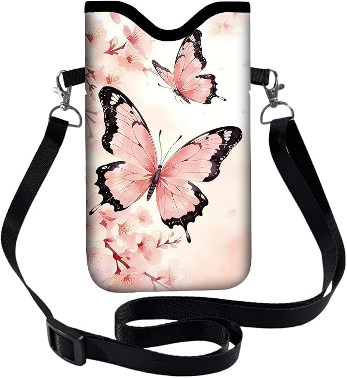 Pink Phone Sleeve with Adjustable Strap Neck Lanyard Fits Most Smartphones, Waterproof Phone Pouch Butterflies Flower Pattern Neoprene Nylon Phone Bag Carrying Case for Women 7.1 x 3.9 Inch - Image 9