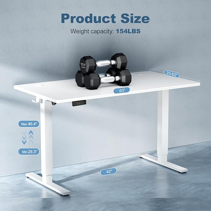 DUMOS 63 Inch Electric Standing Desk, Memory Adjustable Home Office Desk | Sit Stand Up Desk for Work Home Office,Adjustable Desk, Rising Computer Table with Splice Board,Cable Management,Hook,White - Image 3