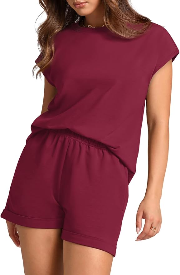 WIHOLL 2 Piece Sets for Women Casual Summer Travel Vacation Outfits Cap Sleeve Shorts Lounge Set - Image 3