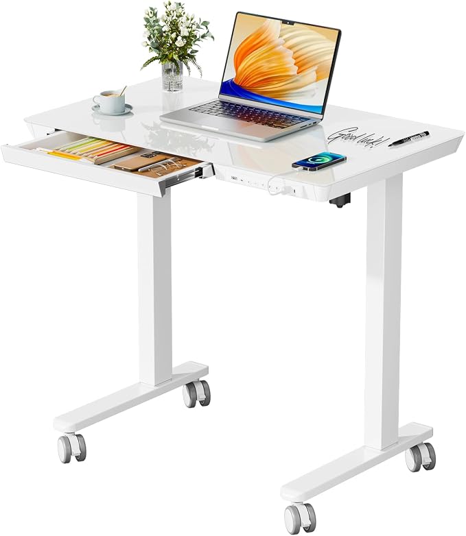 32" Glass Standing Desk with Drawer, Small Electric Desk | Height Adjustable Quick Install One-Piece Tabletop with USB Charging Ports, Sit Stand Computer Desk for Compact Space, White by JYLHJOYSEEKER