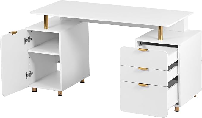 Techni Mobili 57"W Computer Desk w/ 3 Drawers & Storage Cabinet, White/Gold | Home office workstation, durable construction, everyday productivity, Ideal for home office, Workspace organization - Image 8
