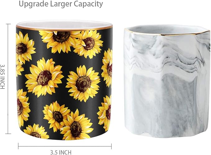 Pen Holder, Cute Pencil Holder for Desk, Makeup Brush Holder Floral Pattern, Pencil Cup for Girls Women, Durable Ceramic Desk Organizer Flower Decor for Office, Classroom, Sunflower - Image 3