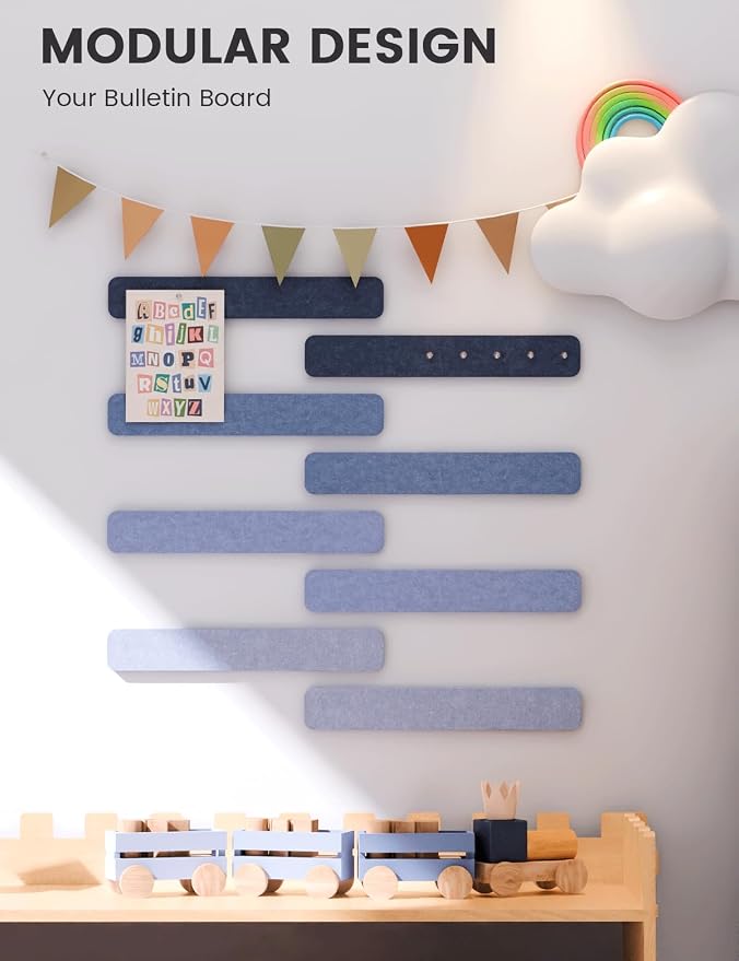 Fluxynara 13" x 2" Felt Wall Panels, Denim Mist | 8-Pack Includes 50 Push Pins and Adhesive Tabs for Photos, Notes and Decor in Bedroom Doors, Home Office or Studios - Image 5