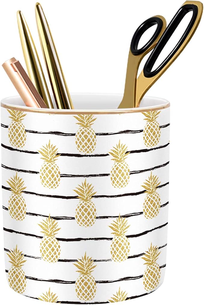 Cute Pineapple Pencil Holder for Desk, Large Capacity Colored Pen Cup Holder, Pretty Office Desk Accessories for Girls Women, Ceramic Workspace Organizers, Makeup Brush Holder for Home, Yellow by WAVEYU