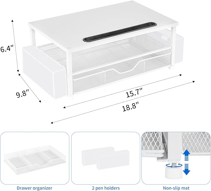 AUPSEN White Monitor Stand Riser, 2-Tier Wood Computer Desk Organizer with Drawer, Pen Storage & Phone Holder, Office Desk Accessories Desktop Organizer for Office Supplies - Image 7