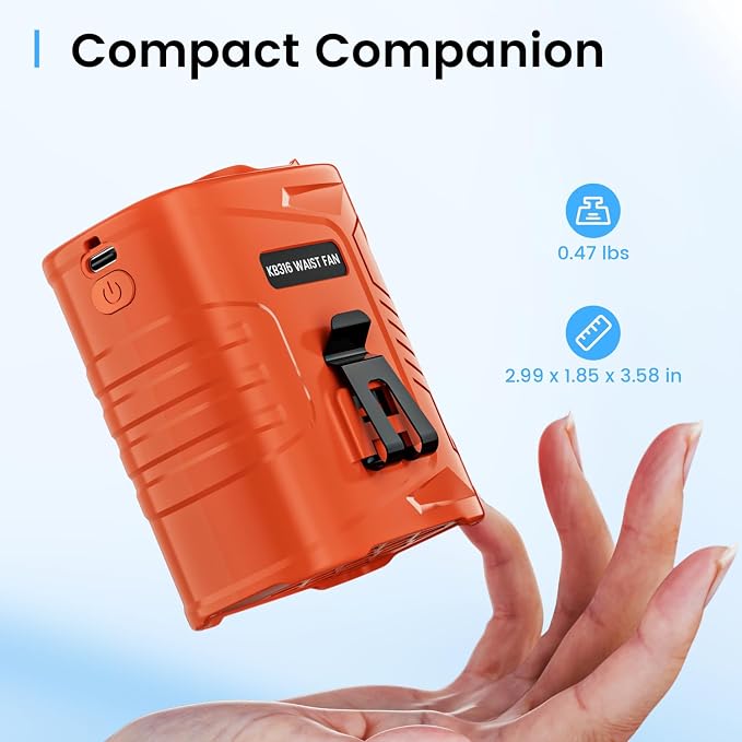 KIBEE Waist Clip Fan with LED Light, 5 Speeds 12500RPM, Up to 29H Runtime, Rechargeable Hands-Free Fan for Outdoor Work & Hiking - Image 8