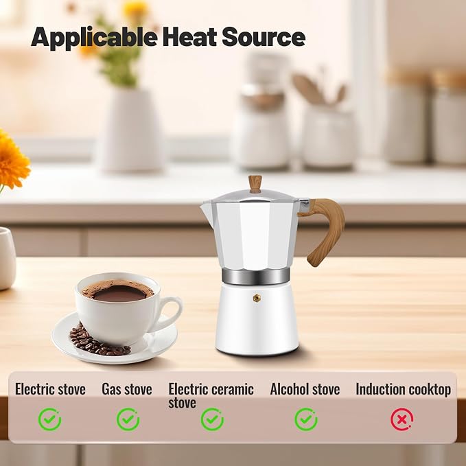3 Cup Aluminum Moka Pot Classic Stovetop Espresso Coffee Maker 150ml 5oz Coffeemaker Percolator Mocha Express Preferred Cafe Makers for Italian and Cuban Café Brewing White - Image 4