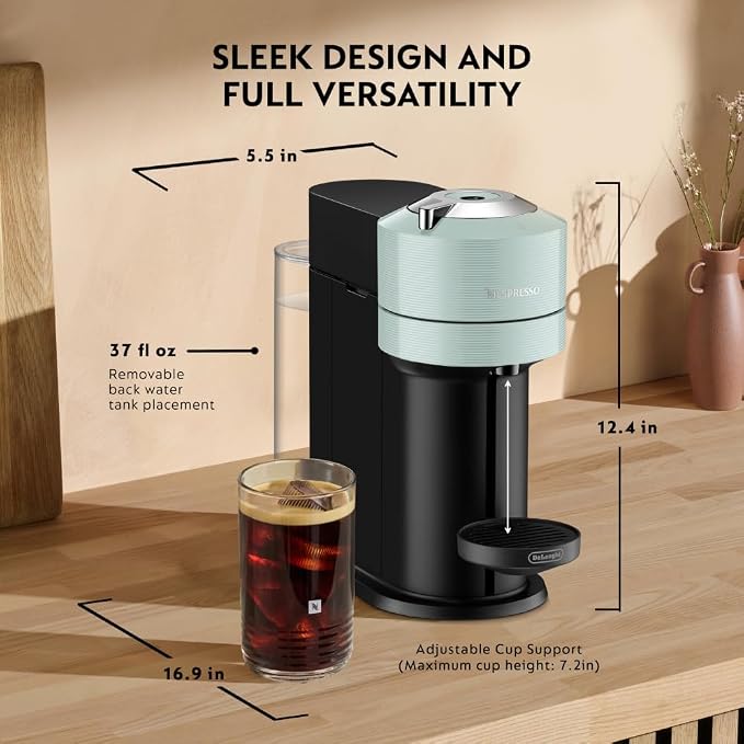 Nespresso Vertuo Next Coffee & Espresso Maker by De'Longhi, Teal | Jade teal coffee machine with slim, sustainable design. Brews 6 cup sizes, espresso to 18 oz., all topped with crema. - Image 7