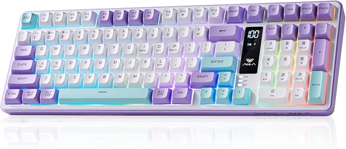 Aula S99pro V2 Wireless Gaming Keyboard,Silent Computer Keyboards,Creamy Membrane Keyboard with Number Pad,Tri-Mode Bluetooth/2.4GHz/USB-C,RGB Backlit,Digital Display Screen - Star Illusion Purple by LEOBOG