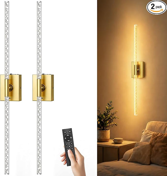 iThird Crystal Bubble Gold Wall Sconces Set of 2: 10000mAh Rechargeable Wireless Lights with Remote & 360° Rotate, 4 Color Temps Dimmable, 31" Lamp Decor for Bedroom Living Room Mirror by iThirdHomeOutdoorLighting