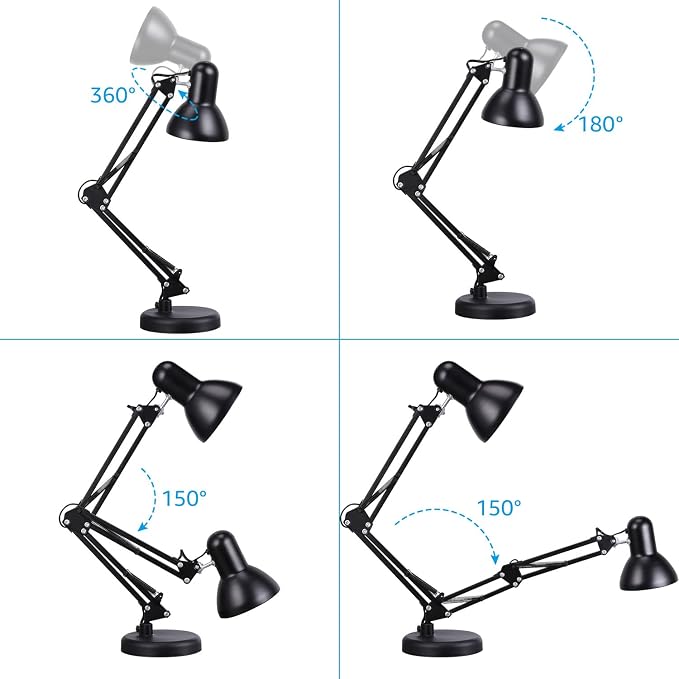 TORCHSTAR Metal Desk Lamp, Adjustable Swing Arm, E26, Black | Architect Gooseneck Multi-Joint Clip Table Lamp with Plastic Clamp, for Home Office, Work, Study, Reading, Bulbs not Included - Image 5