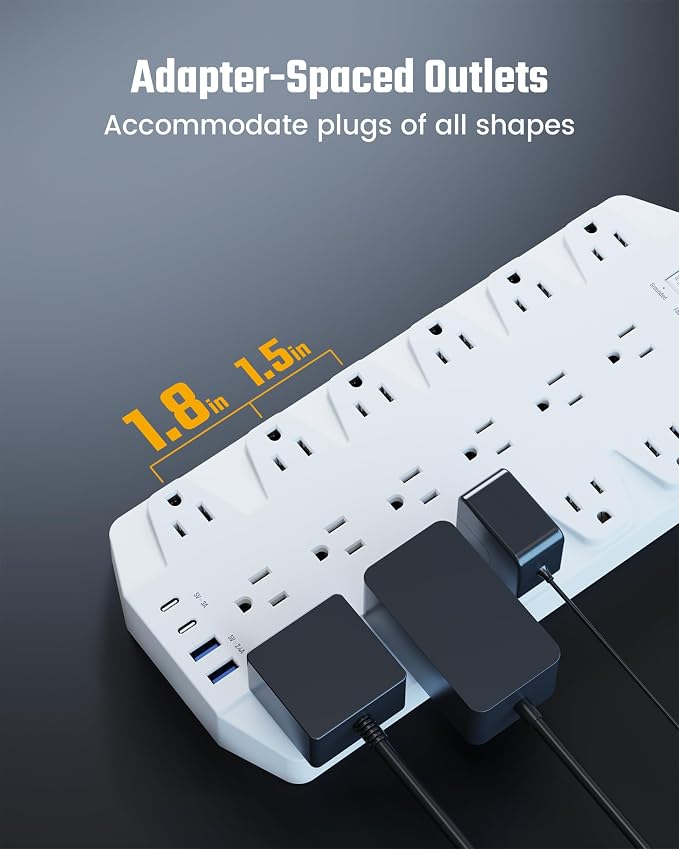 Power Strip Surge Protector, SUPERDANNY 18 Outlets with 2 USB C + 2 USB A Ports, 1875W/15A, 2100J, 6.5FT Flat Plug Heavy Duty Extension Cord with Multiple Outlets for Home, Office, Dorm, White - Image 3