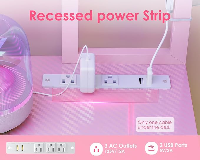 AODK L Shaped Desk Gaming Desk with LED Light & Power Outlet | 53 Inch Pink Reversible L Shaped Computer Table with Shelf & Storage Bag & Hook for Home Office - Image 6