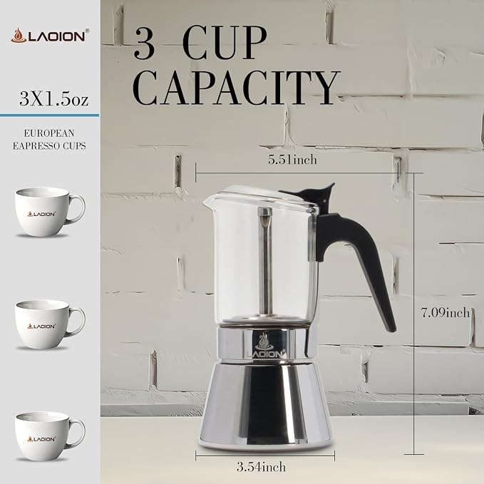 LAOION Stovetop Espresso Maker, 3Cup 160ml Moka Pot, Cuban Coffee Maker | Crystal Glass-top & Stainless Steel Coffee Maker Mocha Pot, Greca De Cafe, Cuban and Italian Coffee Maker for Cafetera Cubana - Image 2