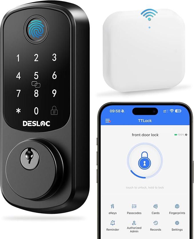 DESLOC Smart Lock B200 WiFi Version, Fingerprint Keyless Entry Door Lock, App Remote Control, Smart Locks for Front Door, WiFi Deadbolt Smart Lock, Emergency Power Port,12 Months Battery, Auto Lock by DESLOC