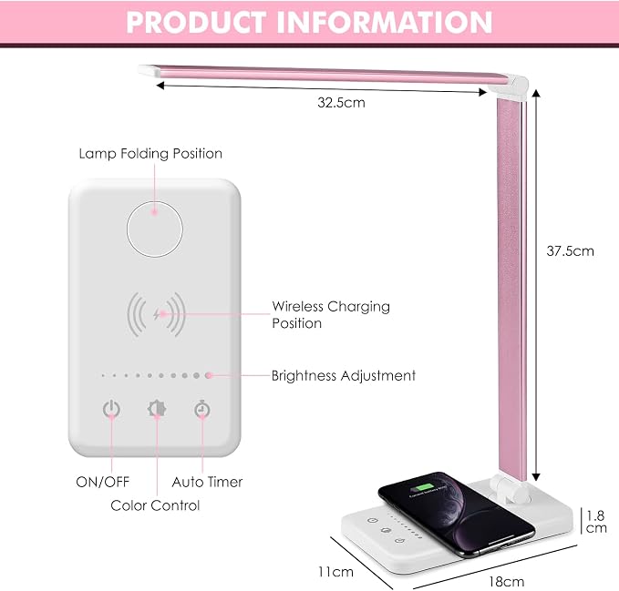 LED Desk Lamp with Wireless Charger, USB Charging Port, Desk Lighting with 10 Brightness, 5 Color Modes, Dimmable Eye Caring Reading Desk Lamps for Home Office, Touch Control, Auto Timer, Pink - Image 5