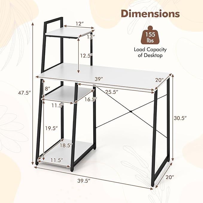 Giantex Computer Desk with Shelves, 47.5” Home Office Desk with Bookshelf, Host Stand, Metal Frame, PC Laptop Workstation, Modern Study Writing Desk for Bedroom, Small Space (White & Black) - Image 3