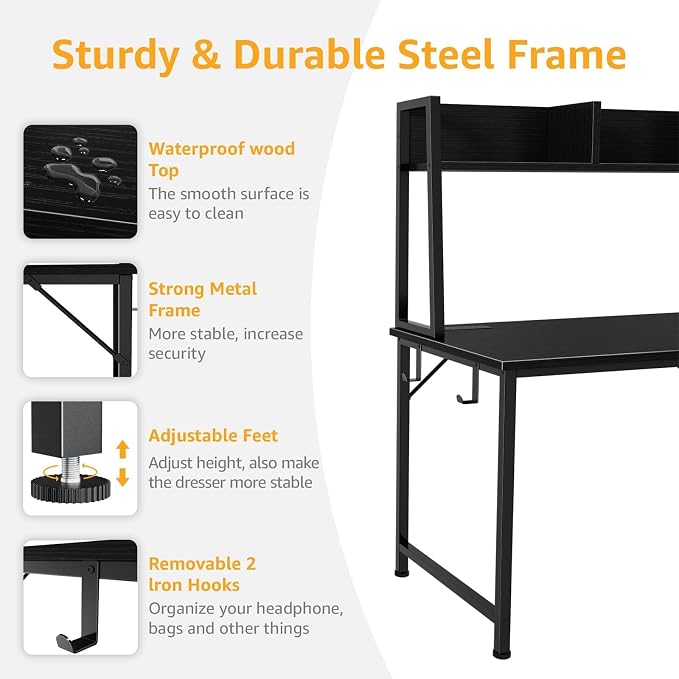 DLisiting Black Computer Desk with Hutch & Drawers - Office Desk with 3 Storage Drawers and Power Outlets, 47 Inch Modern Study Writing Desk for Bedroom Home Office - Image 5