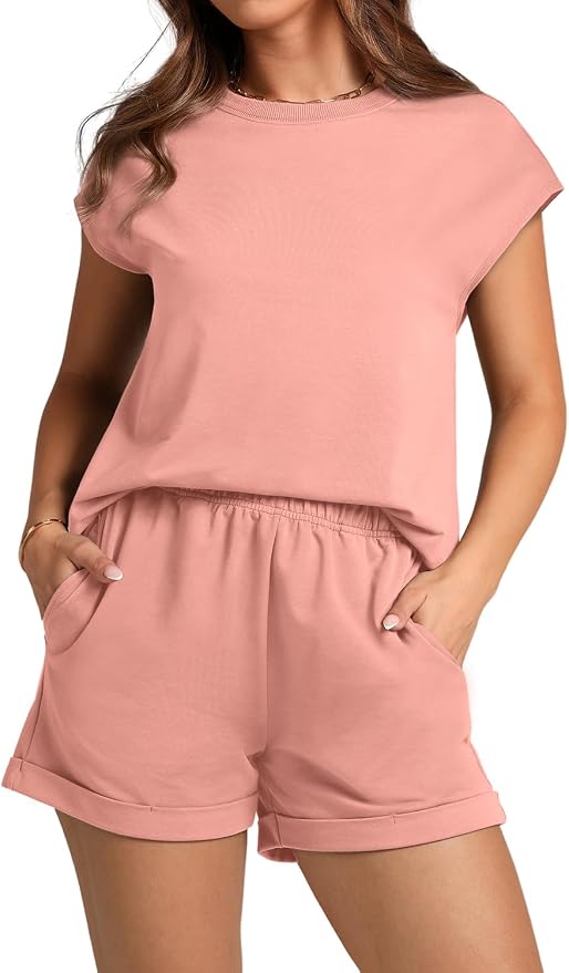 WIHOLL 2 Piece Sets for Women Casual Summer Travel Vacation Outfits Cap Sleeve Shorts Lounge Set - Image 2