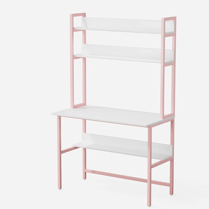 Aquzee Girls Desk with Hutch, 40“W x 19.6" D Computer Desk with Shelves, Tall Home Office Desk with Bookshelf, Metal Legs Study Table with Upper Storage Shelf for Study Writing/Workstation, Pink - Image 7