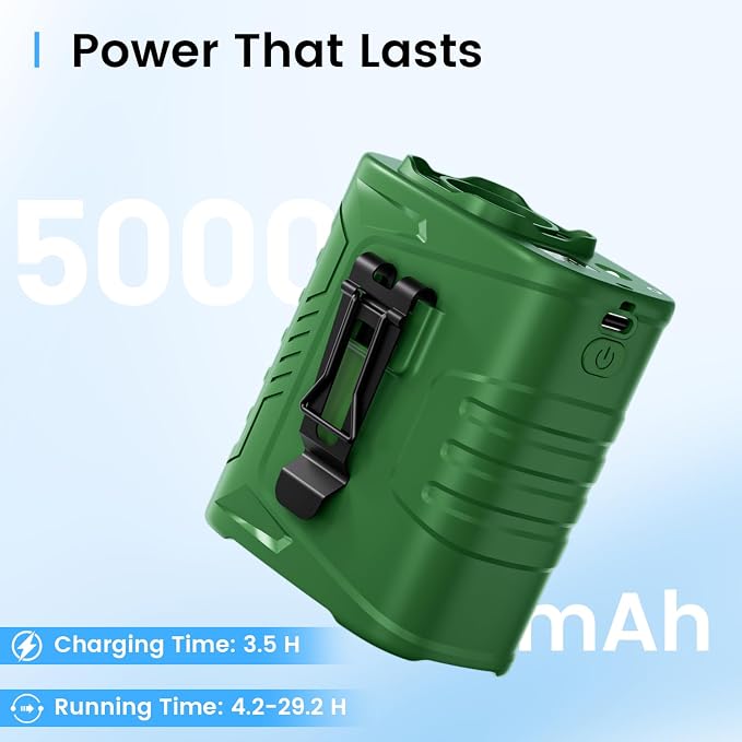 KIBEE Rechargeable Wearable Waist Fan, 12500RPM Strong Airflow with LED Light, 5 Speeds, 29H Long Lasting for Jobsite, Farm & Hiking - Image 3