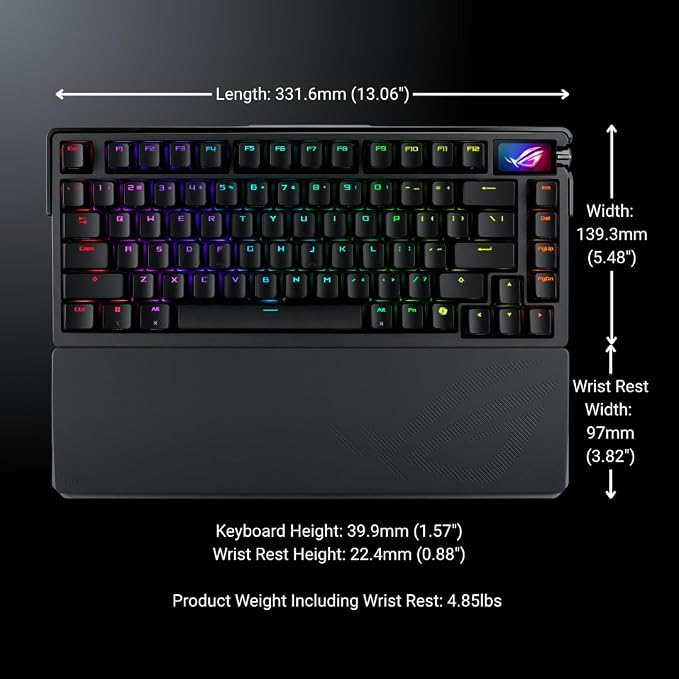 ASUS ROG Azoth Extreme Wireless Mechanical Gaming Keyboard – 75% TKL, ROG NX Snow Linear Switches, PBT Keycaps, Aluminum Chassis, Carbon Fiber, Gasket Mount, Color OLED Screen, PC/Mac Support - Black - Image 8