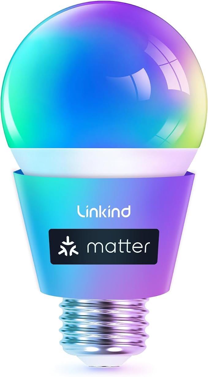 Linkind Matter Smart Light Bulb, Smart Bulbs Work with Alexa/Apple Home/Google Home, Color Changing Light Bulbs Music Sync, Preset Scenes, Mood Lights, 2.4Ghz WiFi Only, A19 E26 60W 1 Pack by Linkind
