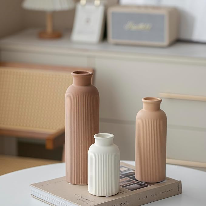 Modern Ceramic Vase Set, Earth Tone Natural Color Ribbed Matte Design, 3-Piece Decorative Vases for Home, Living Room, Office (Coffee Mix) - Image 7