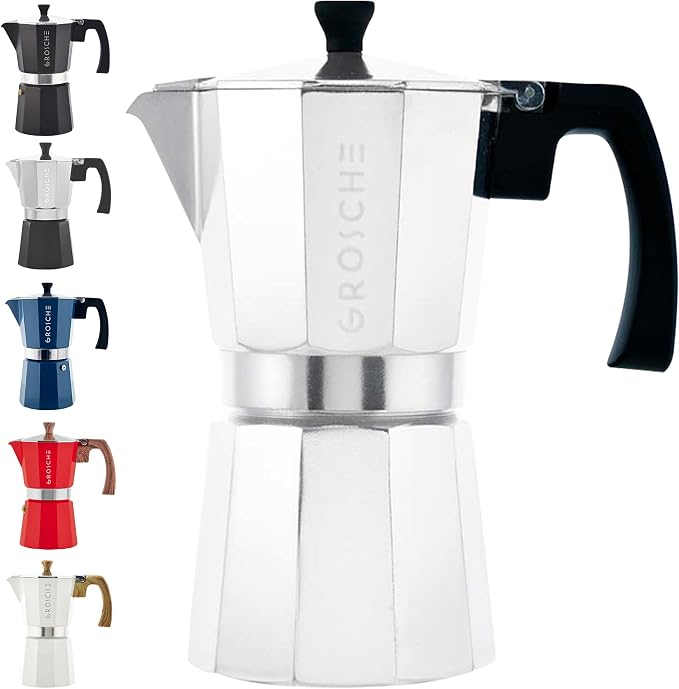 GROSCHE Milano Moka Pot | 9 Espresso Cup - 15.2 oz | Stovetop Espresso Percolator & Coffee Maker – Portable, Ideal for Home and Camping | Cuban Coffee Maker And Italian Moka Pot For Stovetop Espresso; For Gas, Electric, And Propane Stoves With A Soft-T... by GROSCHE