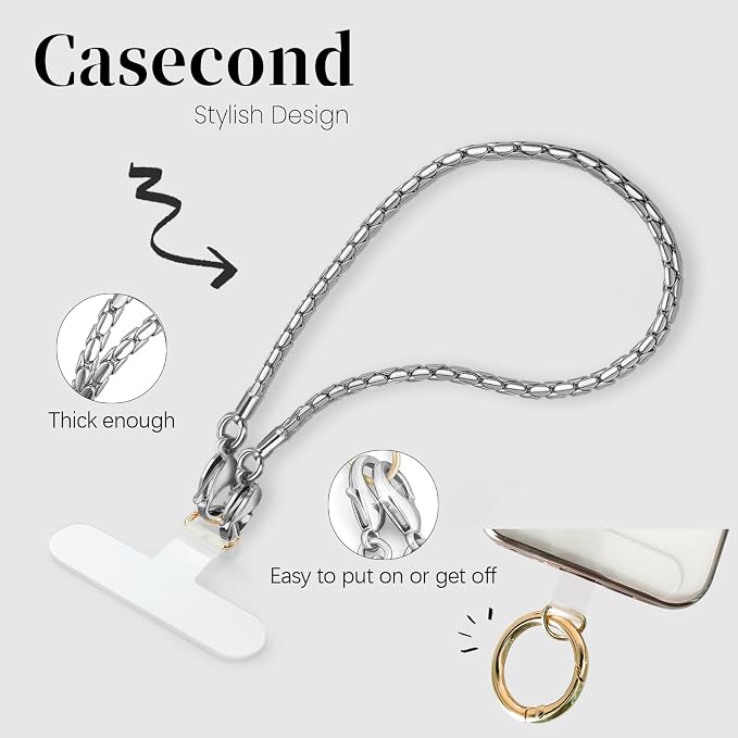 Phone Wrist Strap Metal Phone Chain Lanyard Hand Wristlet Detachable Phones Charm with 3 Tether Tabs with CellPhone Stand Holder Finger Grip Universal for Women Girls Traveling Party Walking Silver - Image 5