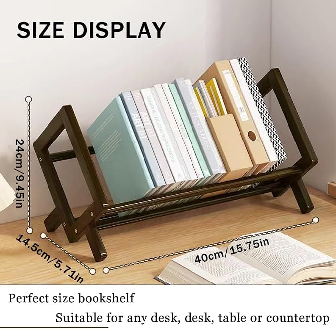 Wood Tilting Bookcase in Living Room/Home/Office, Desktop Book Shelf Organizer Bookshelves Storage Rack for CDs/Magazine/Books Display (Coffee, 16"-L) - Image 2