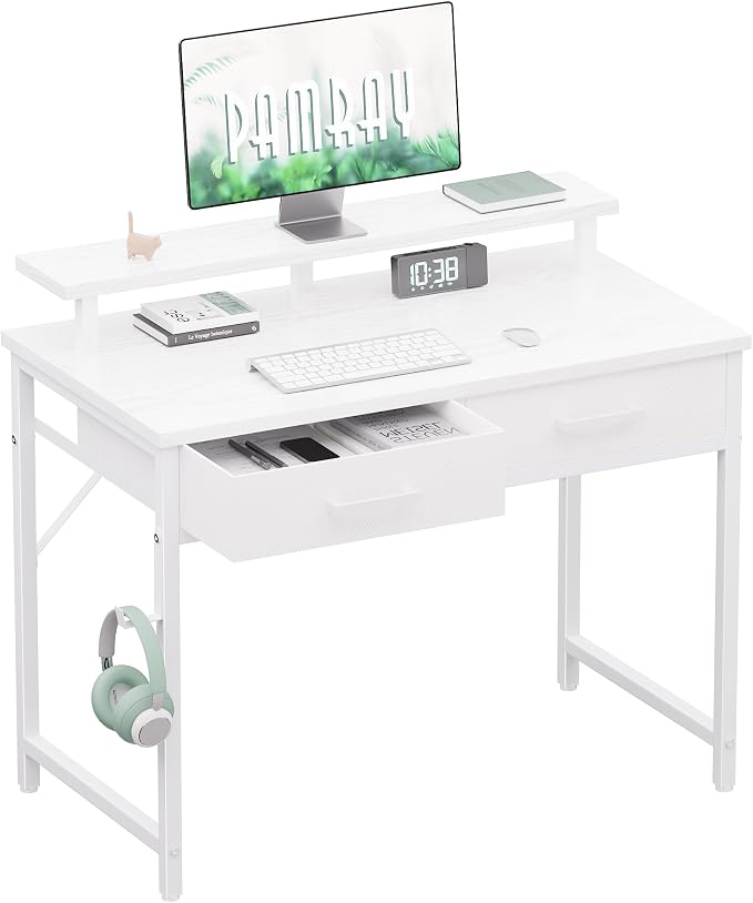 Pamray 32 Inch Small Computer Desk with Monitor Stand and 2 Drawers | Small Gaming Desk, for Bedroom Apartment and Dorm, for Study Work and Writing, Small Spaces, Sturdy, Easy Assembly by PAMRAY
