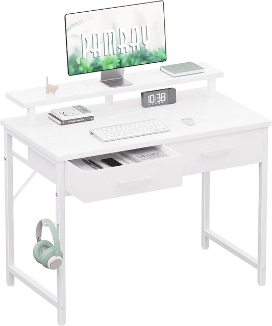 Pamray 32 Inch Small Computer Desk with Monitor Stand and 2 Drawers | Small Gaming Desk, for Bedroom Apartment and Dorm, for Study Work and Writing, Small Spaces, Sturdy, Easy Assembly by PAMRAY