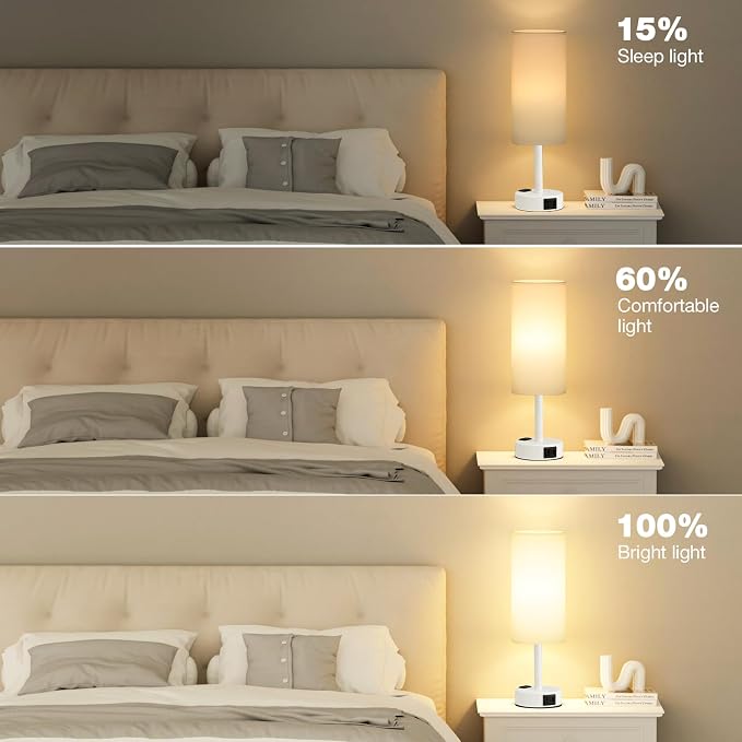 Fenmzee Matte White Bedside Table Lamp for Bedroom - 3 Way Dimmable Touch Lamp USB C Charging Ports and AC Outlet, Small Lamp Round Flaxen Fabric Shade for Living Room, Desk, LED Bulb Included - Image 5