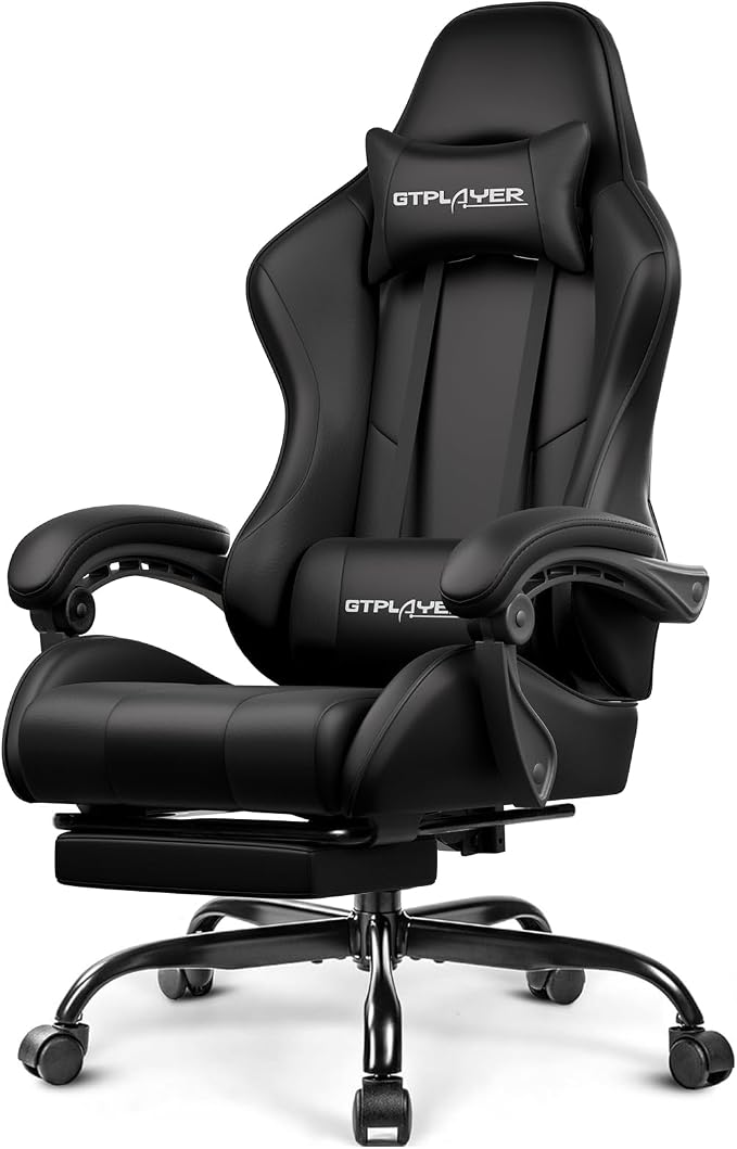 GTPLAYER Gaming Chair, Computer Chair with Footrest and Lumbar Support, Height Adjustable Game Chair with 360°-Swivel Seat and Headrest and for Office or Gaming (Faux Leather, Black) by GTPLAYER