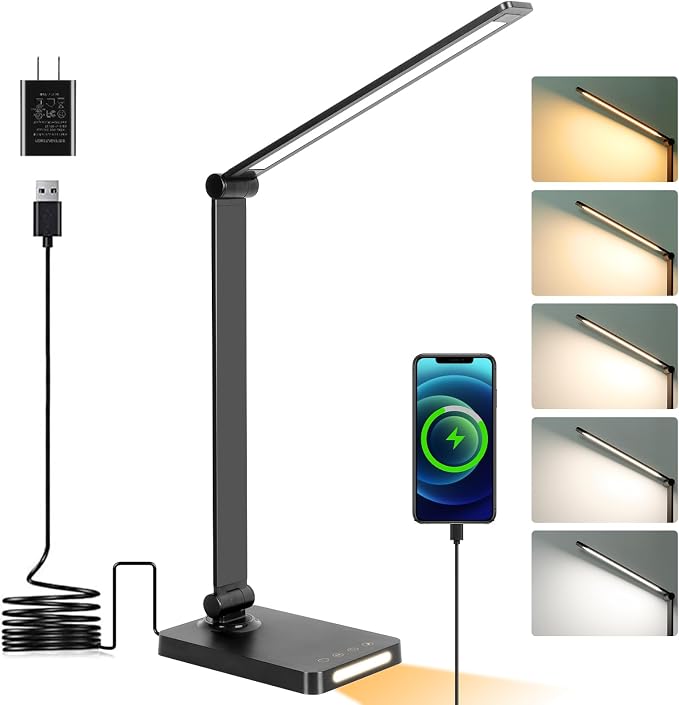 LED Desk Lamp with USB Ports,Touch Desk Lamps for Home Office with 5 Modes | 3 Brightness Desk Light with Small Night Light,Reading Lamp Table Lamp for Bedroom Bedside Study Black （with adapter） by DottArts