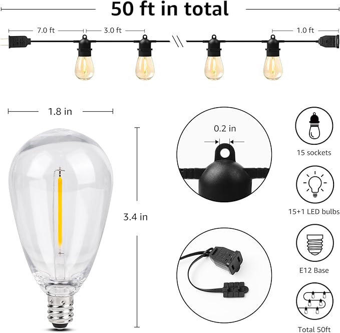 Lepro S14 Outdoor String Lights - 50ft with 15 Shatterproof LED Edison Bulbs, Waterproof Bistro Lights for Deck, Pergola, Porch, Garden, Gazebo - Image 3