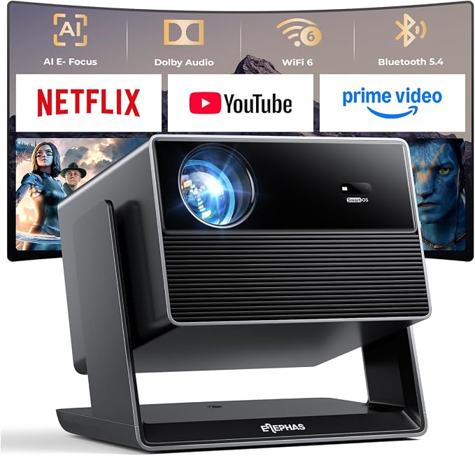 ELEPHAS Smart 4K Projector with WiFi and Bluetooth - Compatible with Netflix/Prime Video/YouTube, 270° Rotatable, AI Auto Focus & Keystone, Portable Home Theater Movie Projector for Indoor Outdoor by ELEPHAS