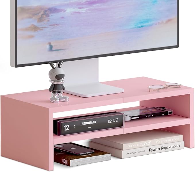 TEAMIX 2 Tiers Pink Monitor Stand Riser, Desktop Stand with Keyboard Storage Small TV Stand Laptop Wooden Desk Organizer Cute Shelf by TEAMIX