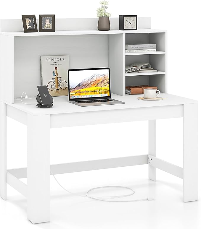 Giantex Computer Desk with Hutch, Modern Home Office Desk with Power Outlets, Storage Shelves & Cable Hole, Makeup Vanity Table, Study Writing Desk for Bedroom Office Small Space, White by Giantex