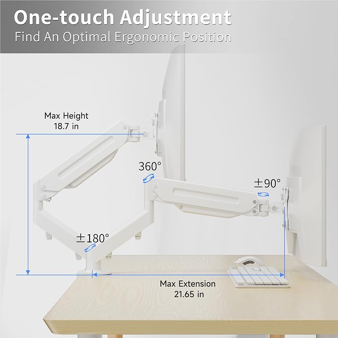 Suptek Monitor Mount Gas Spring Monitor Arm Desk Mount Fully Adjustable Fits 17 20 22 23 24 26 27 32 35 inch Monitors Weight Capacity up to 24.25 lbs, White - Image 5