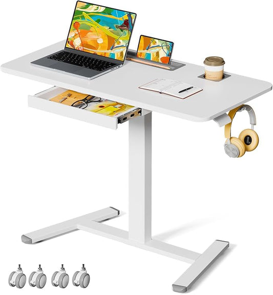 40"×20" Mobile Desk with Drawer, Rolling Desk with Storage | Height Adjustable Portable Laptop Desk on Wheels, Small Computer Desk with Cup Holder and Hooks for Study & Work, White by JYLHJOYSEEKER